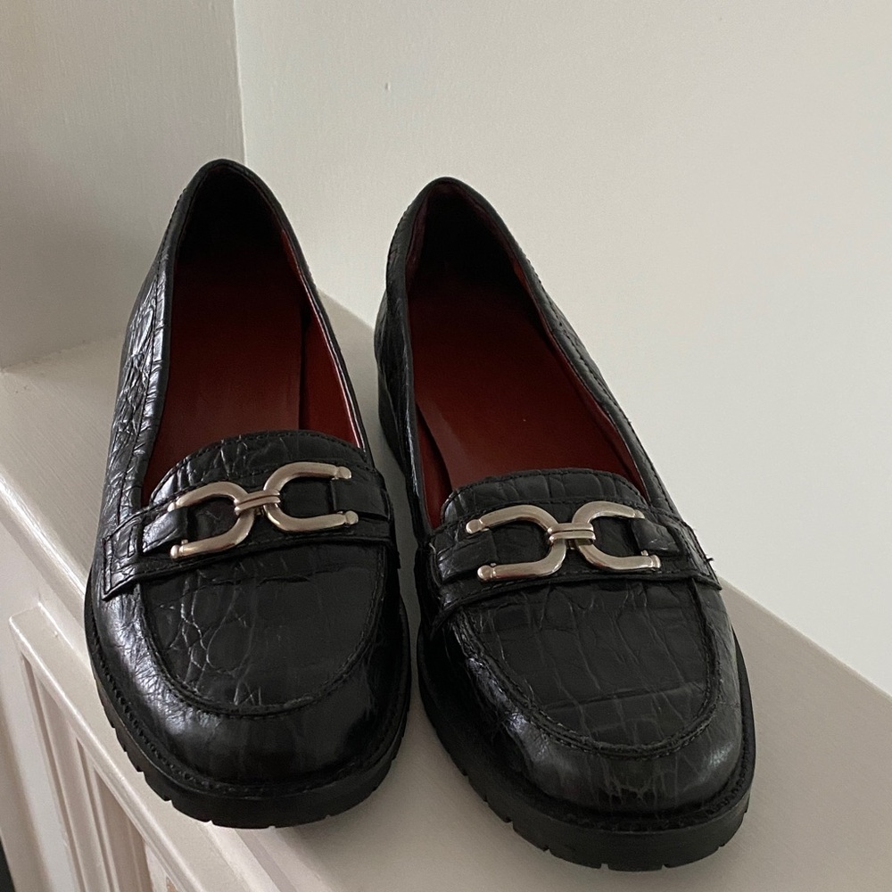 Talbots Black Textured Loafers with Silver Horse Bit Accent
